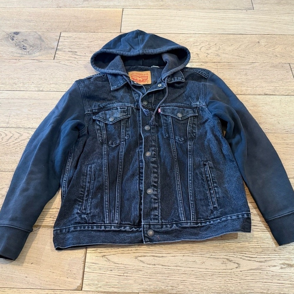 Vintage Levi Strauss Co‎ Fit Hybrid Hooded Trucker Black Denim Size M (1346)